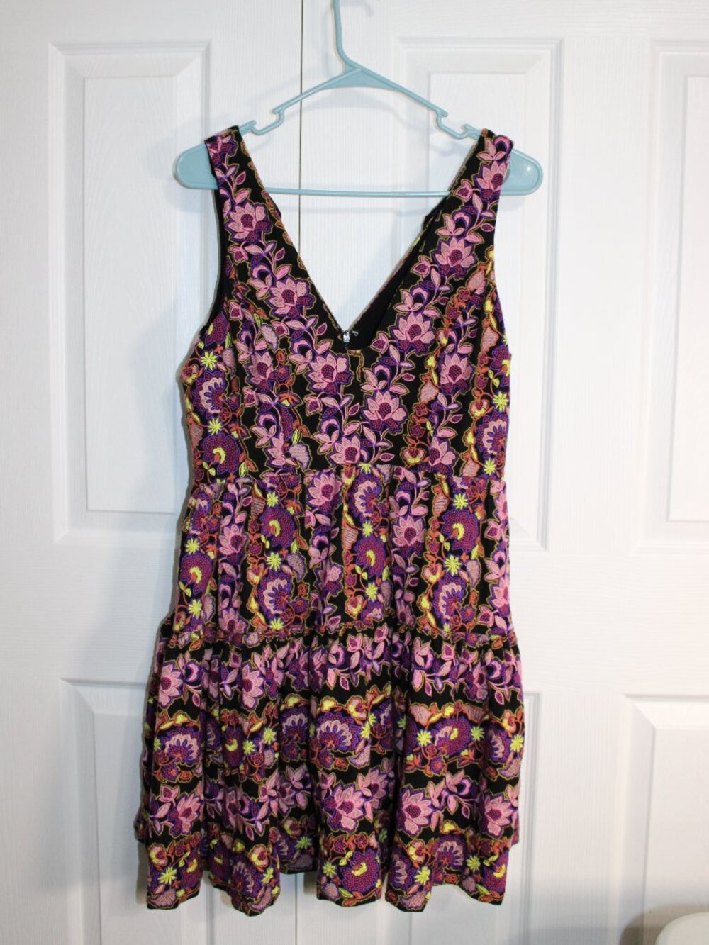 Anthropologie Women's Deep V-Neck Floral Embroidered Tiered Mini Dress